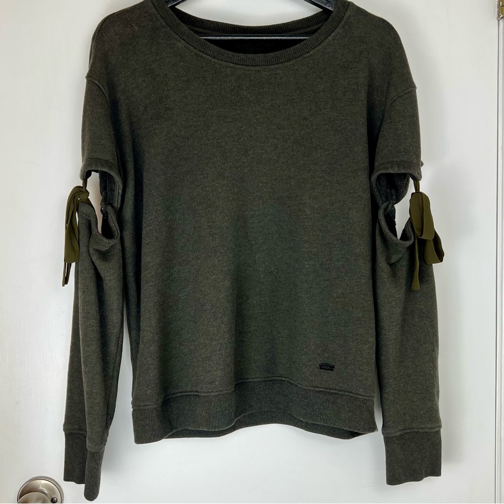 Titika Active Couture Split Sleeve Ribbon Trim Terry Sweatshirt sz M Gray Khaki
